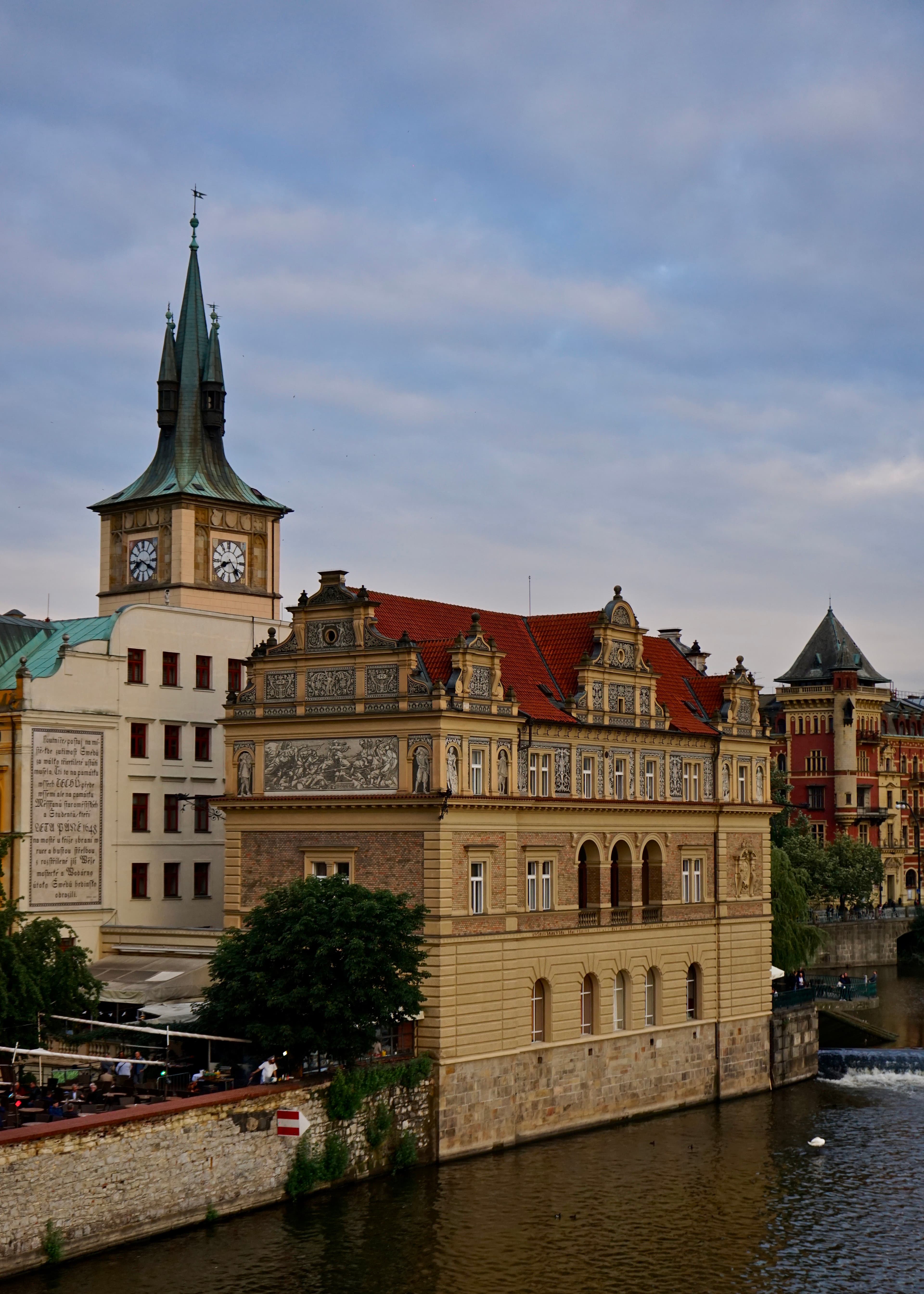 Prague riverfront architecture along the water