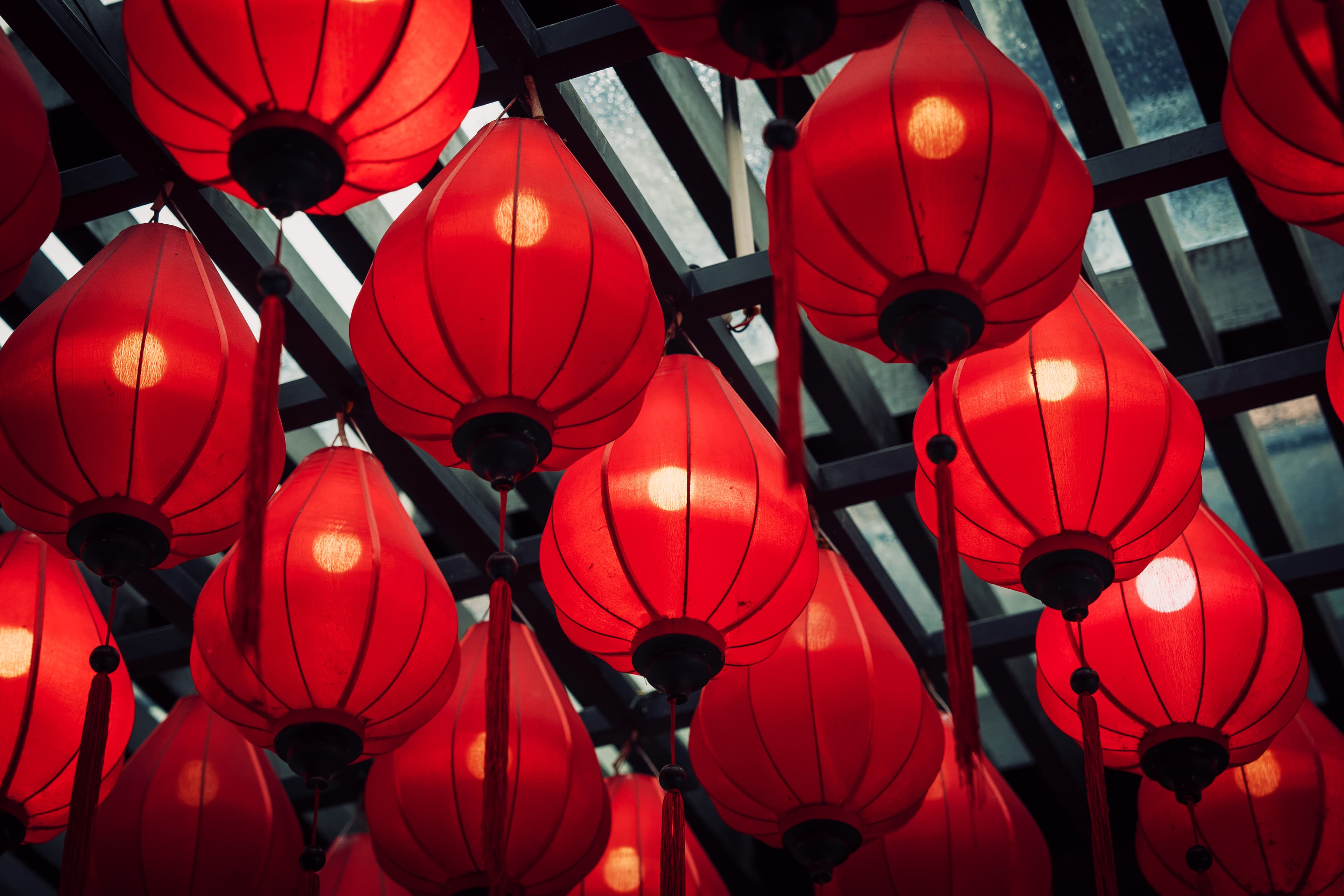 Red lanterns glowing at night