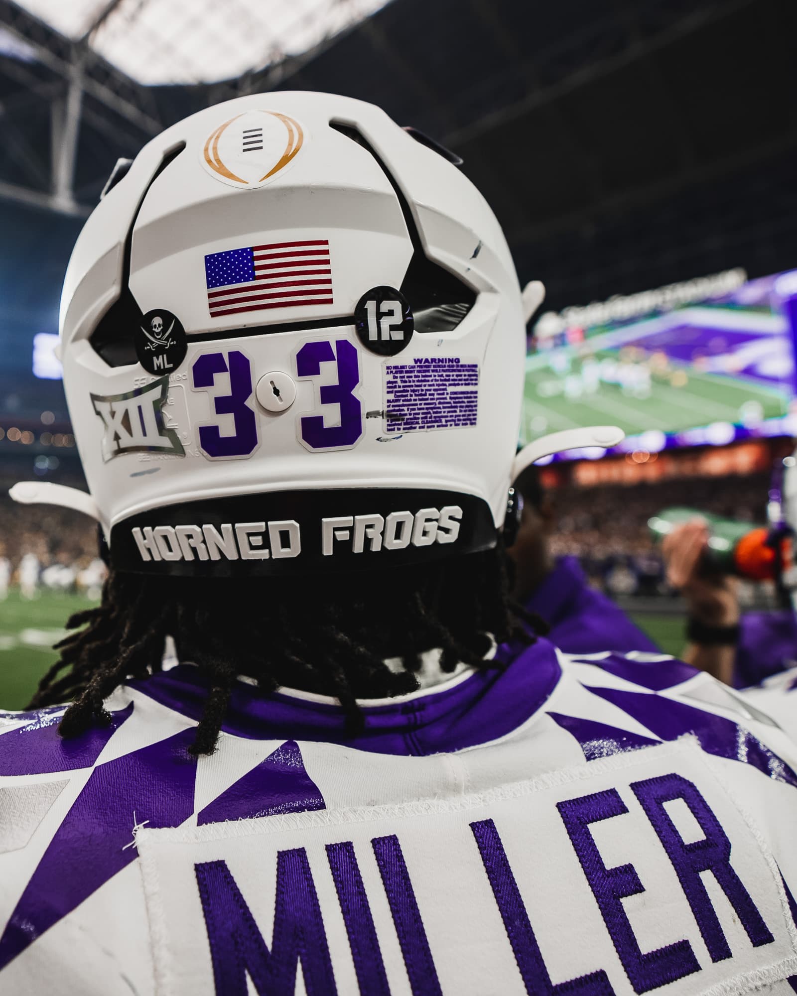 Miller helmet from behind at the Fiesta Bowl