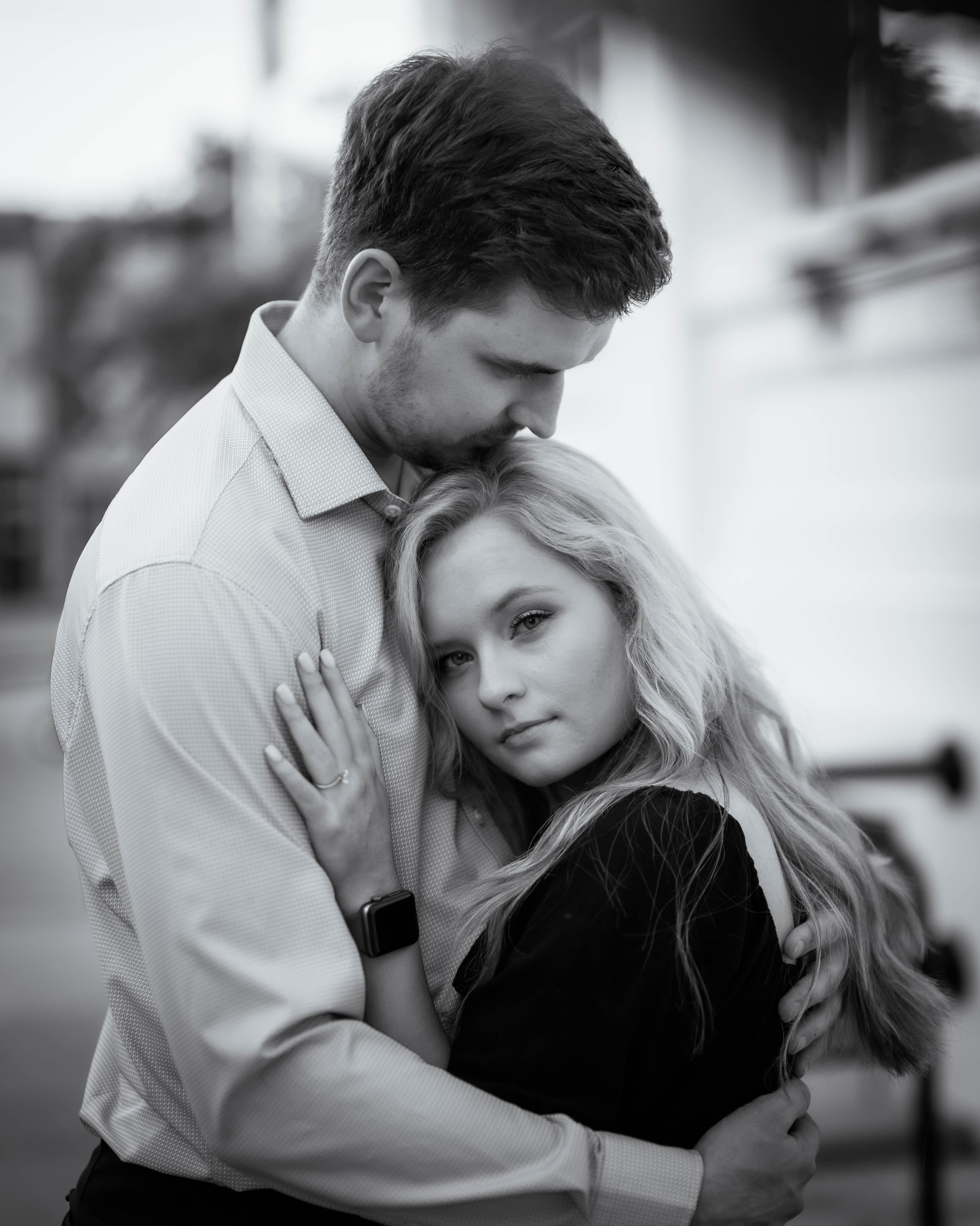 Black and white vertical engagement portrait