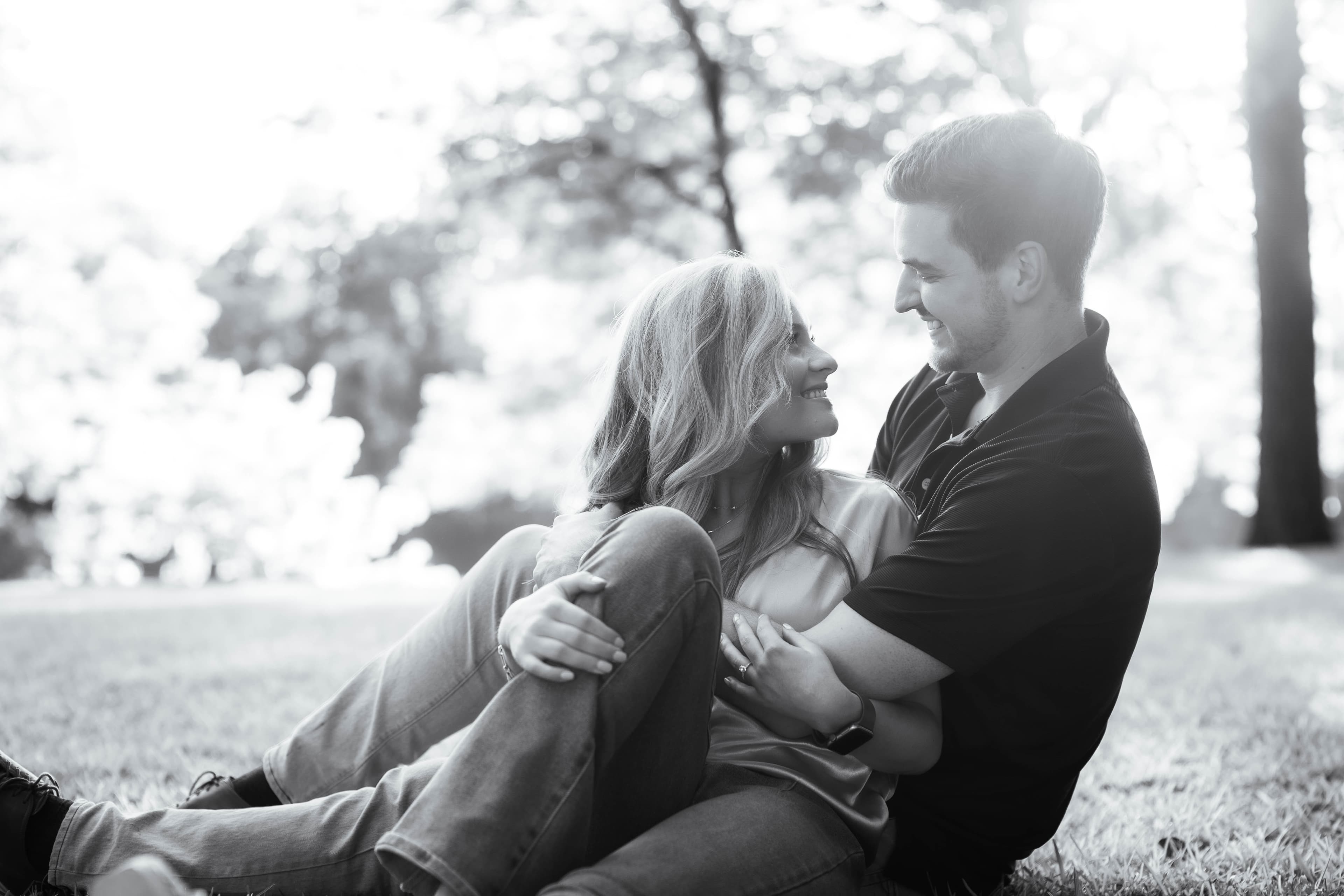 Black and white horizontal engagement photograph